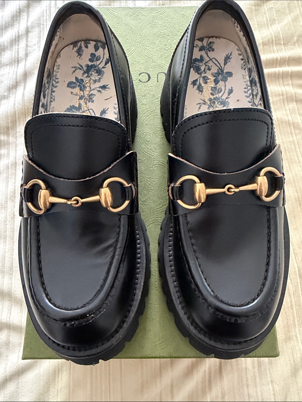 Gucci Black Leather Lug-Sole Horsebit Loafers with Gold Hardware - Picture 7 of 9